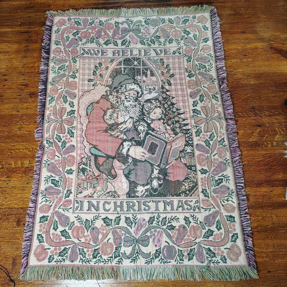 Christmas Santa Tapestry VTG 100% Cotton Fieldcrest Throw 46x67